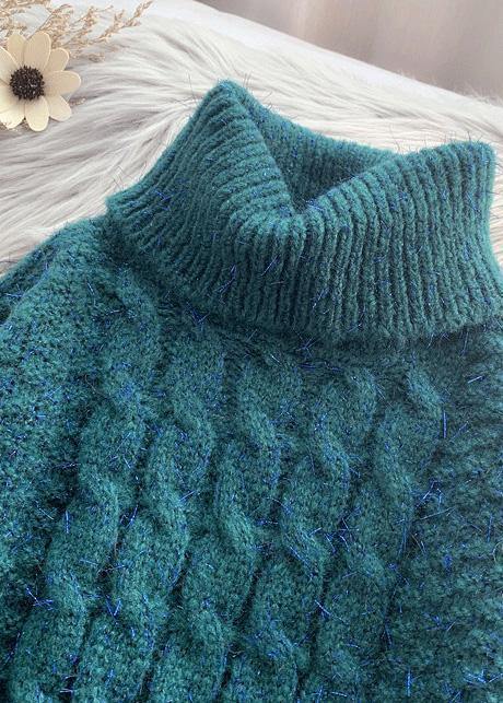 Oversized High Neck Green Knit Tops Asymmetric Hem Crane Tops