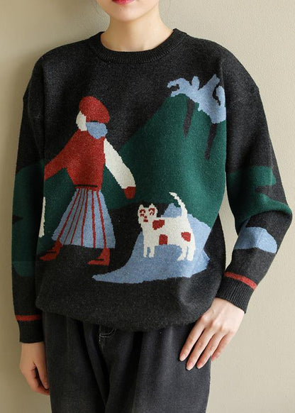 Oversized Khaki Knit Blouse O Neck Prints Knit Sweat Tops
