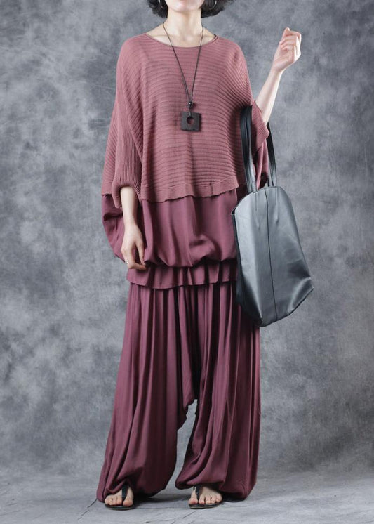 Oversized O Neck Red Knit Tops Batwing Sleeves Tops