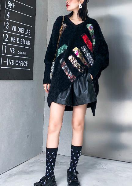 Oversized Prints Black Knitted Blouse Oversize V Neck Knitted Clothes