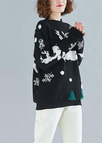Oversized Spring Black Embroidery Knitted Blouse Loose Fitting O Neck Knitted Clothes