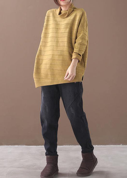 Oversized Yellow Knitted Blouse High Neck Thick Sweater Tops