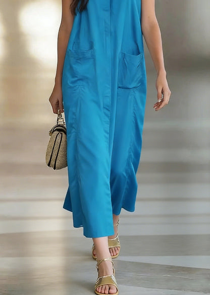Peacock Blue Pockets Cotton Long Dress O Neck Sleeveless
