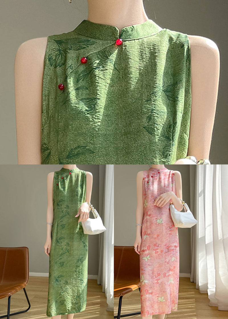 Pink Button Silk Cotton Long Dresses Stand Collar Summer