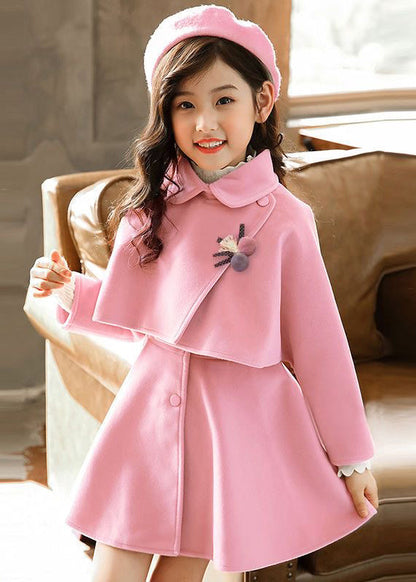 Pink Button Thick Two Pieces Set Tops and Waistcoat Dress Long Sleeve