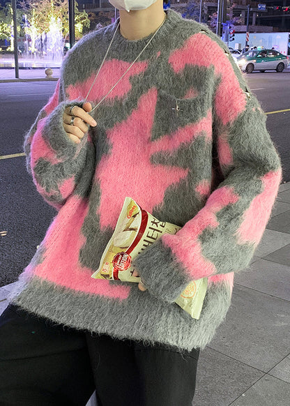 Pink Geometric Cozy Knit Sweater O Neck Winter