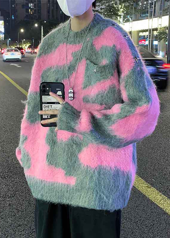 Pink Geometric Cozy Knit Sweater O Neck Winter