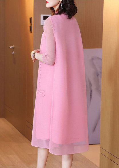 Pink Jacquard a Line Dress Mandarin Collar Wrinkled Bracelet Sleeve