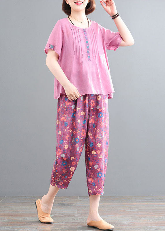 Pink Linen Tops and Pants Two Pieces Set Wrinkled Embroideried Short Sleeve