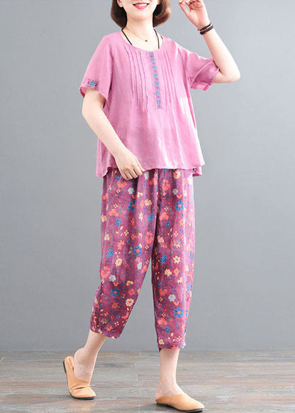 Pink Linen Tops and Pants Two Pieces Set Wrinkled Embroideried Short Sleeve