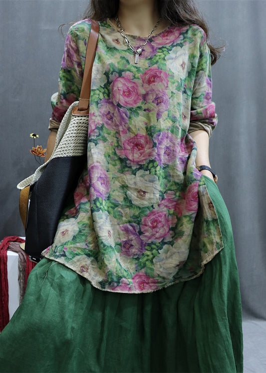 Pink Low High Design Linen Shirt O-neck Long Sleeve