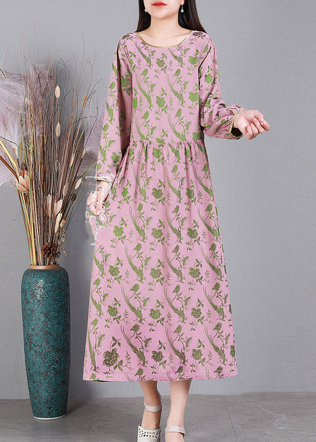 Pink O-neck Cinched Silk Dress Long Sleeve