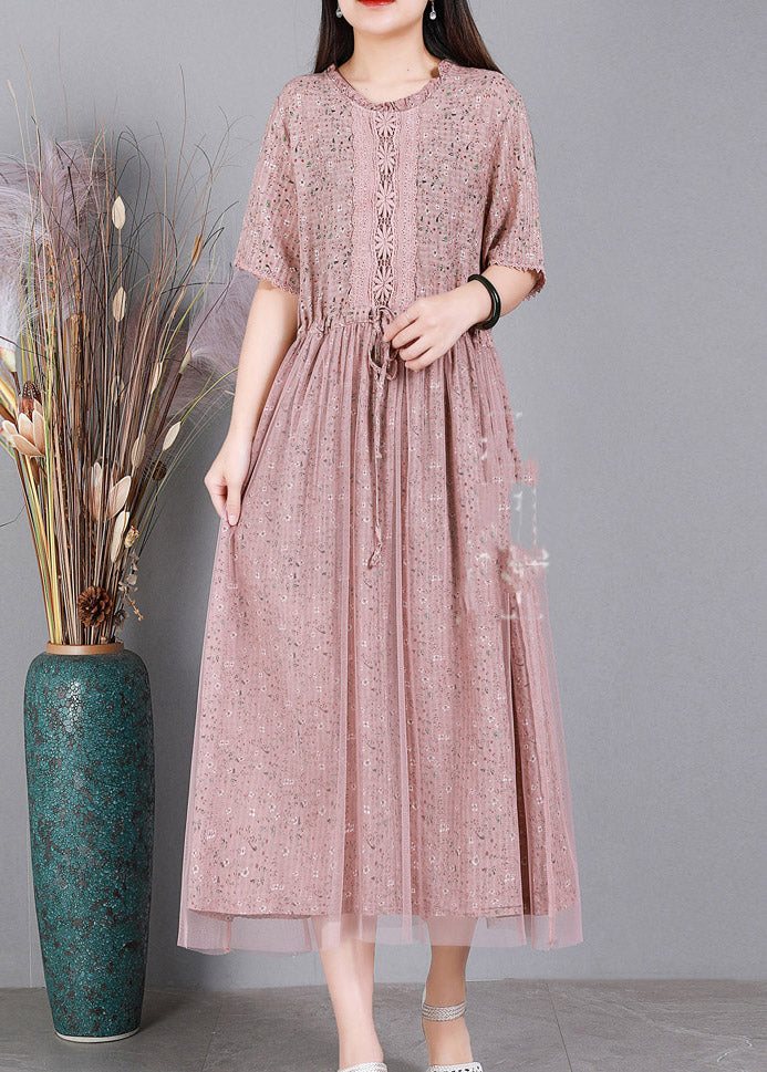 Pink O-neck Embroideried Tulle Long Dresses Summer
