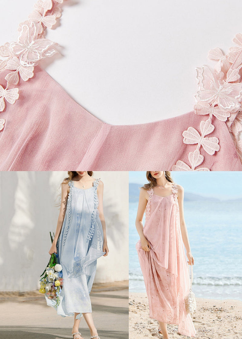 Pink O-neck Tassel Silk Long Spaghetti Strap Dress Summer