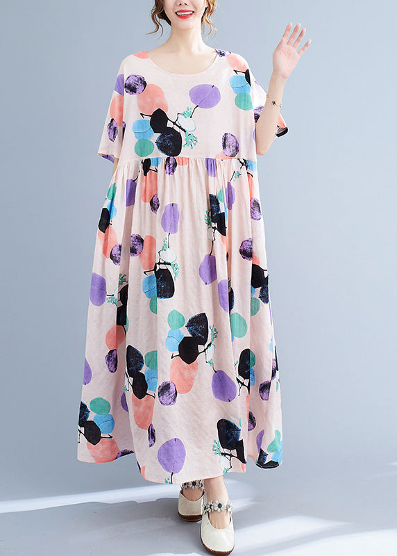 Pink O-neck Wrinkled Cozy Maxi Dresses Summer