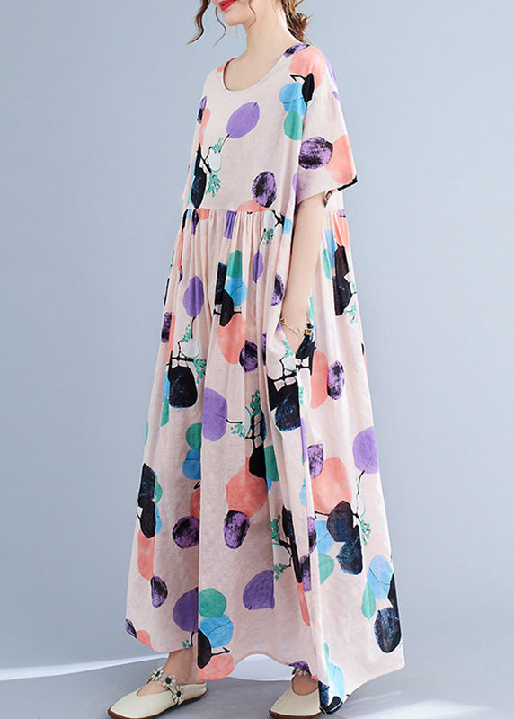 Pink O-neck Wrinkled Cozy Maxi Dresses Summer