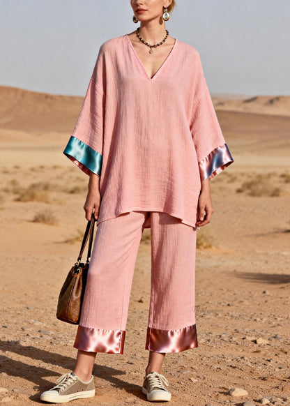 Pink Oversized Tops and Crop Pants Silk Patchwork Two Pieces Set V Neck
