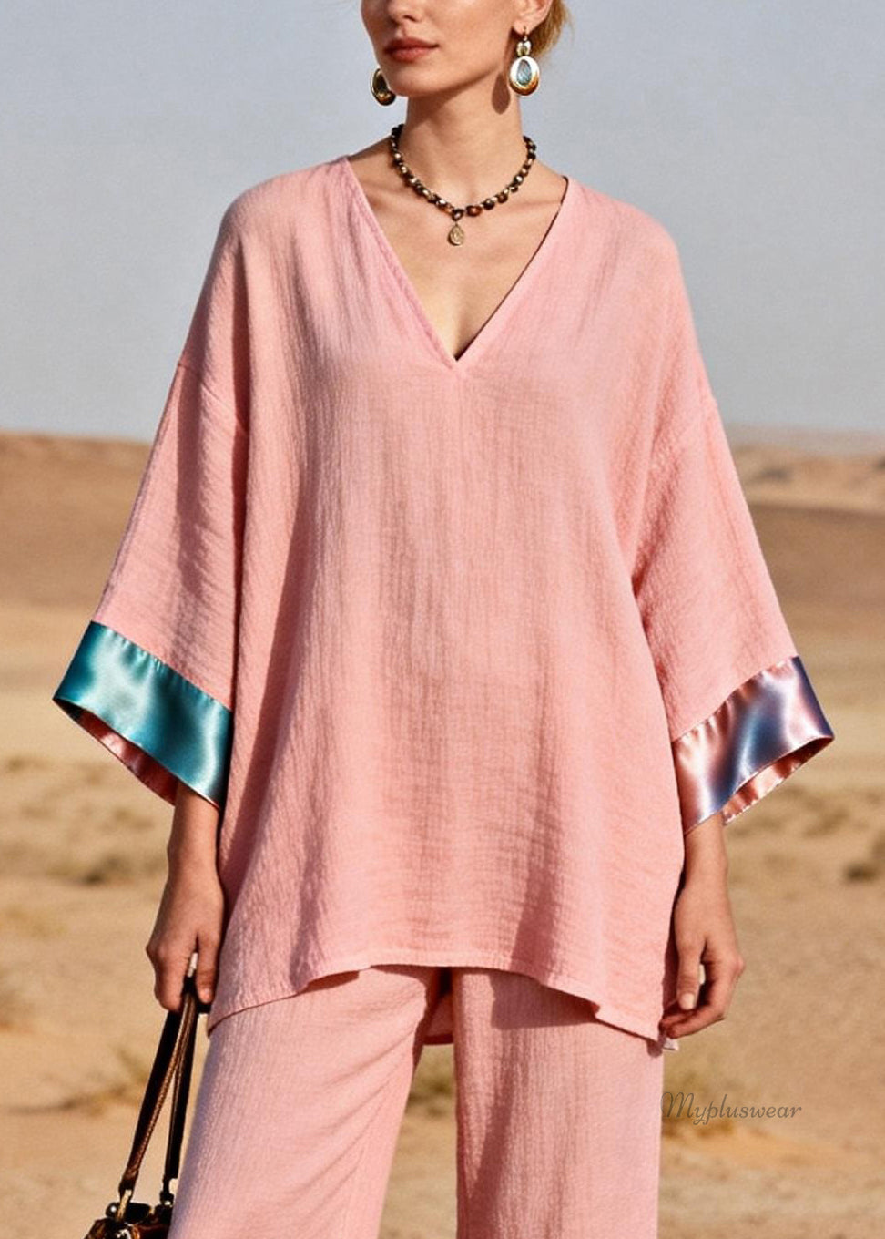Pink Oversized Tops and Crop Pants Silk Patchwork Two Pieces Set V Neck
