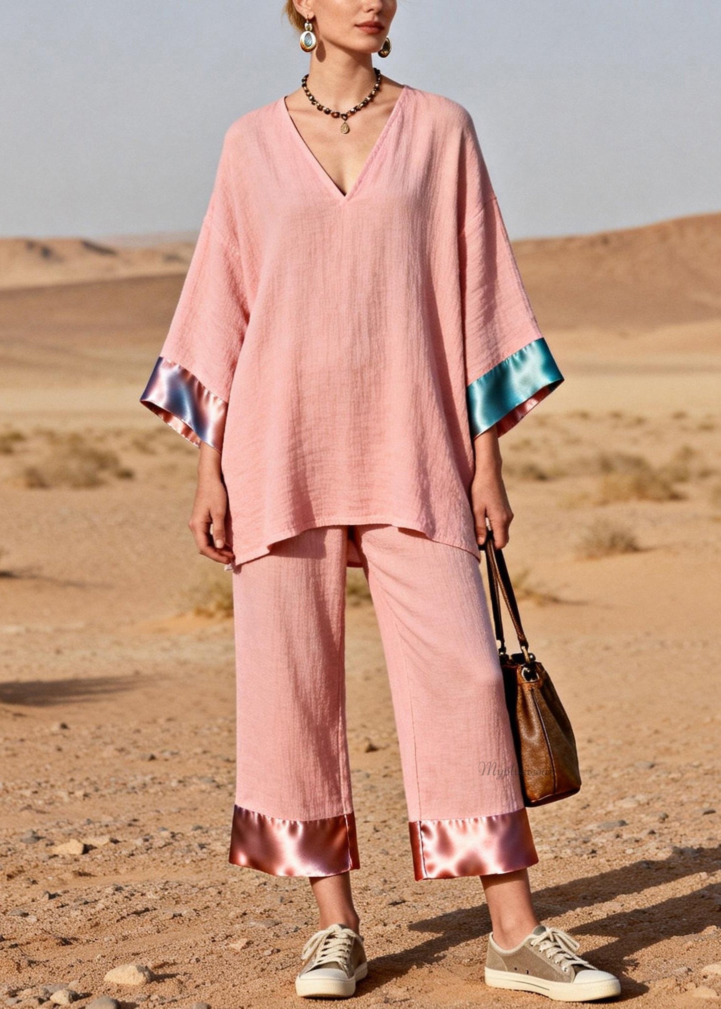 Pink Oversized Tops and Crop Pants Silk Patchwork Two Pieces Set V Neck