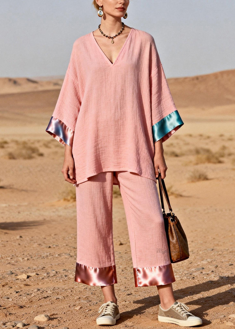 Pink Oversized Tops and Crop Pants Silk Patchwork Two Pieces Set V Neck