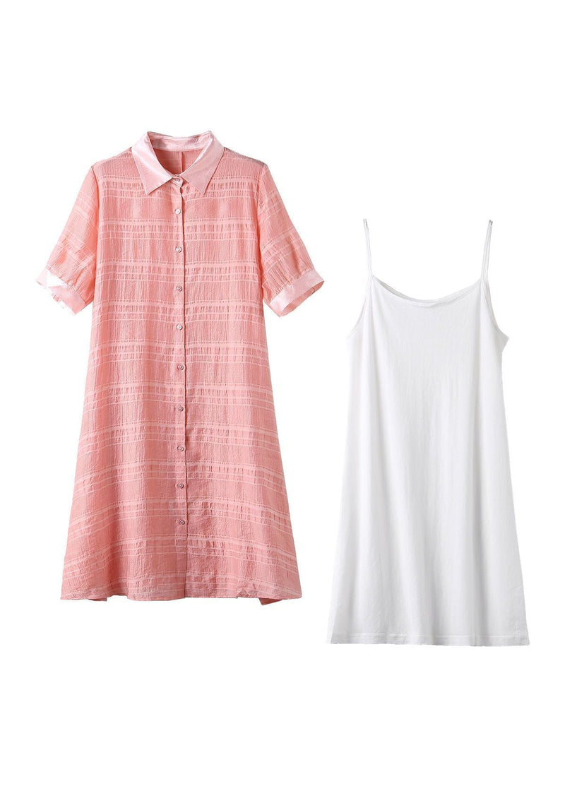 Pink Patchwork Cotton Shirt Dresses Two Piece Set Wrinkled Summer