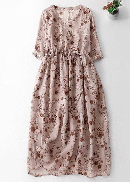 Pink Print Cotton Long Dress V Neck Drawstring Summer