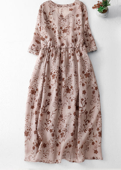 Pink Print Cotton Long Dress V Neck Drawstring Summer