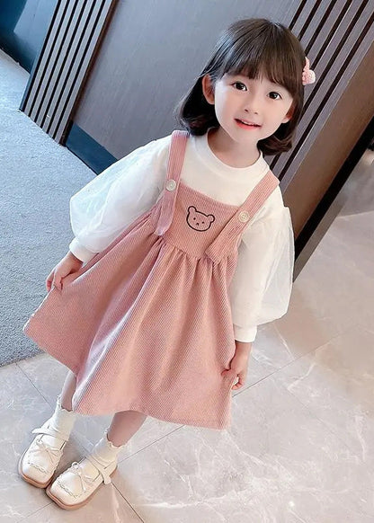 Pink Print Button Corduroy Slip Dress and Top Two Pieces Set Sleeveless