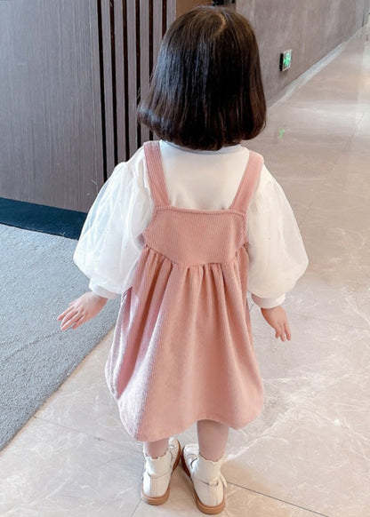 Pink Print Button Corduroy Slip Dress and Top Two Pieces Set Sleeveless