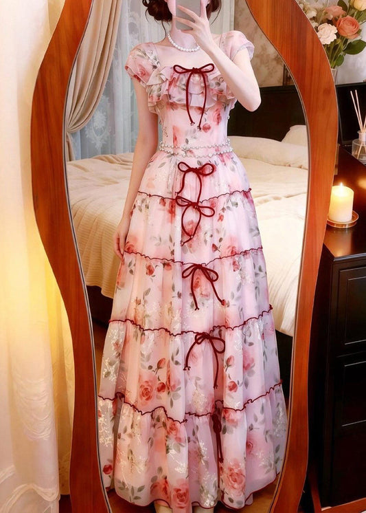 Pink Print Chiffon Vacation Dresses Exra Large Hem Summer