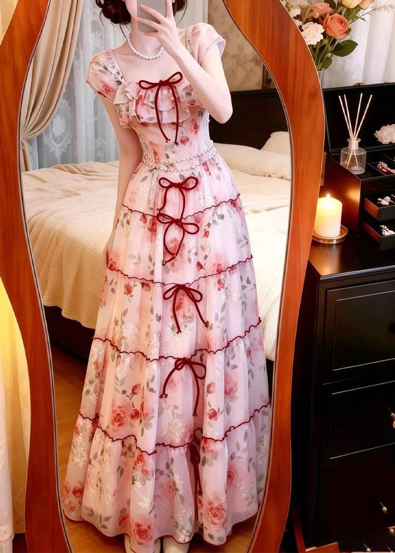 Pink Print Chiffon Vacation Dresses Exra Large Hem Summer