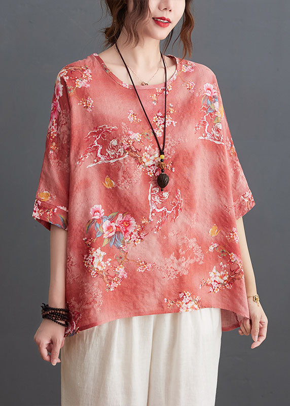 Pink Print Linen Loose Tank O-neck Low High Design Half Sleeve