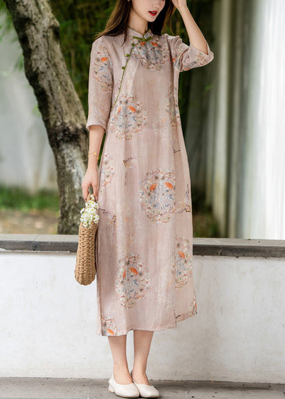 Pink Side Open Print Linen Long Dresses Stand Collar Summer