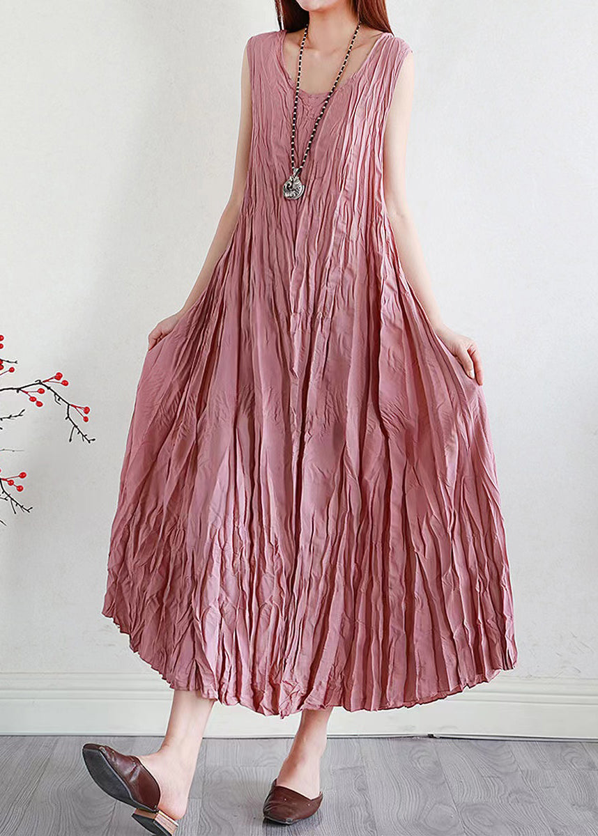 Pink Silk Linen Long Dress O Neck Summer
