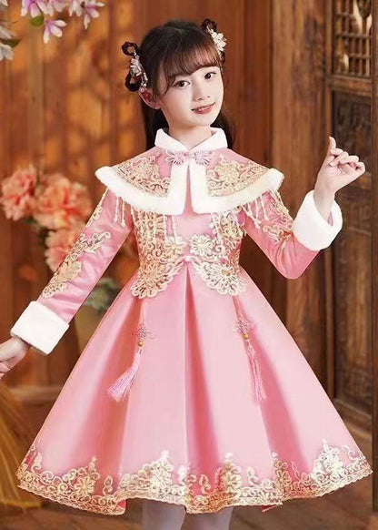 Pink Stand Collar Button Kids Shawl and Dress Two Piece Set Long Sleeve