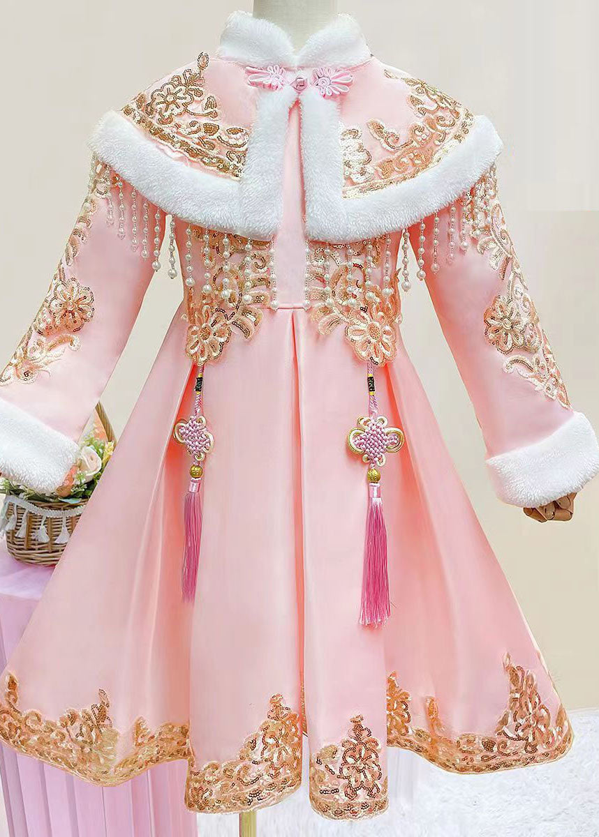 Pink Stand Collar Button Kids Shawl and Dress Two Piece Set Long Sleeve