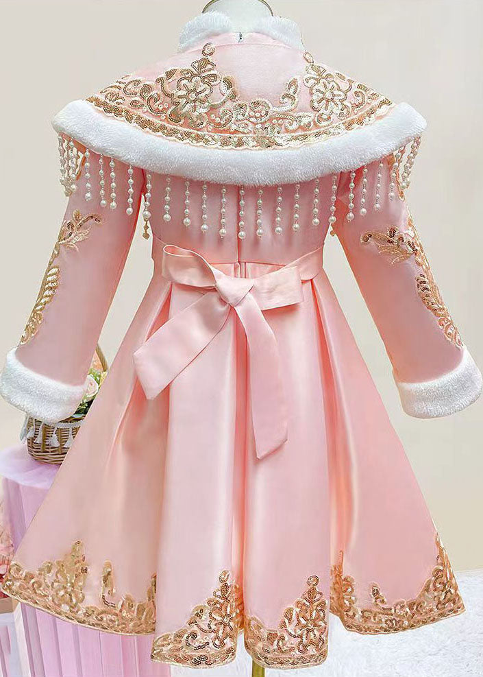 Pink Stand Collar Button Kids Shawl and Dress Two Piece Set Long Sleeve