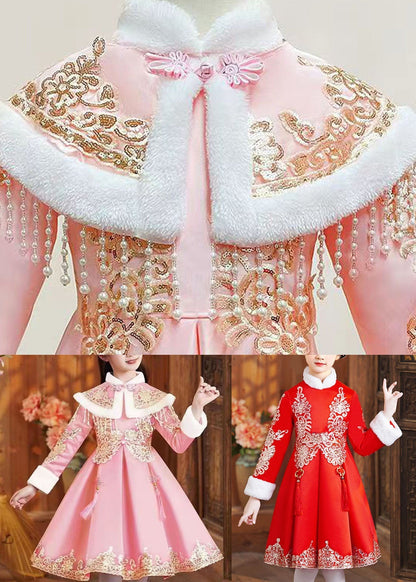 Pink Stand Collar Button Kids Shawl and Dress Two Piece Set Long Sleeve
