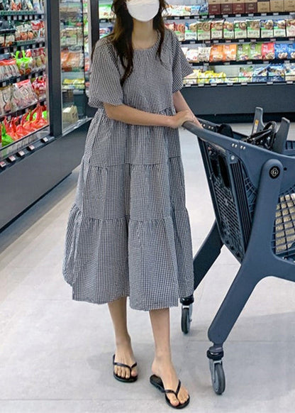Plaid Knotted Ruffle Round Neck Short Sleeve Maxi Dress