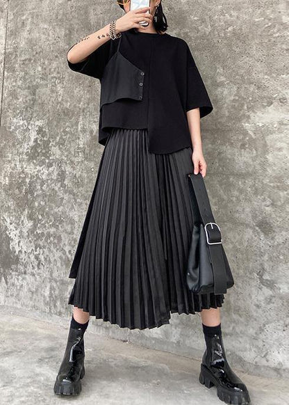 Pleated Skirt High Waist A-line Black Stitching Elastic Waist Skirt Female Summer