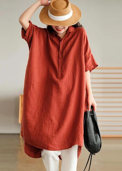 Jade Red Flower Linen Linen Shirt Dress