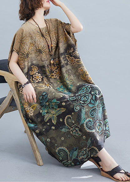 Apricot O-neck Print Silk Long Dress Batwing Sleeve