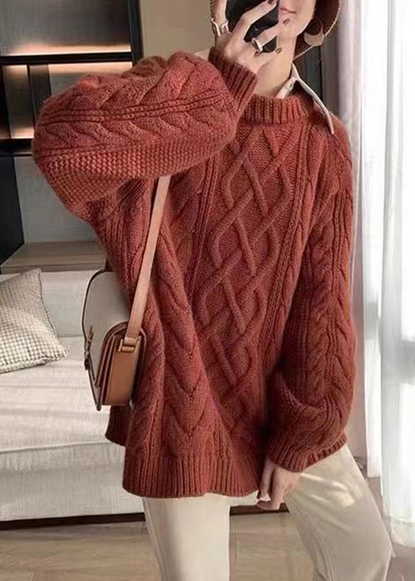 Apricot O Neck Thick Cotton Knit Sweater Fall