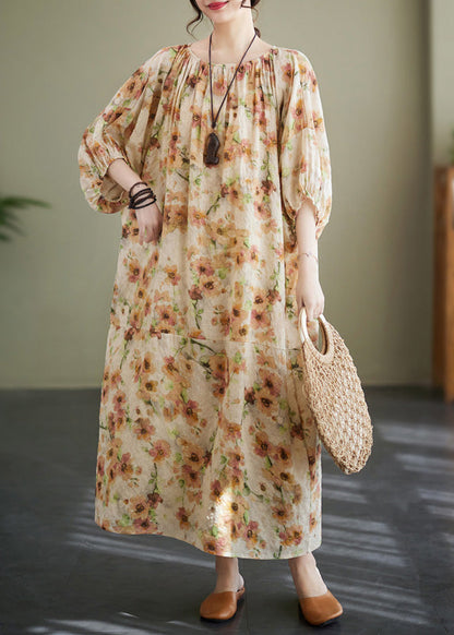 Apricot Print Wrinkled Robe Dress Summer