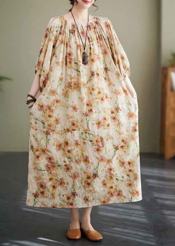 Apricot Print Wrinkled Robe Dress Summer