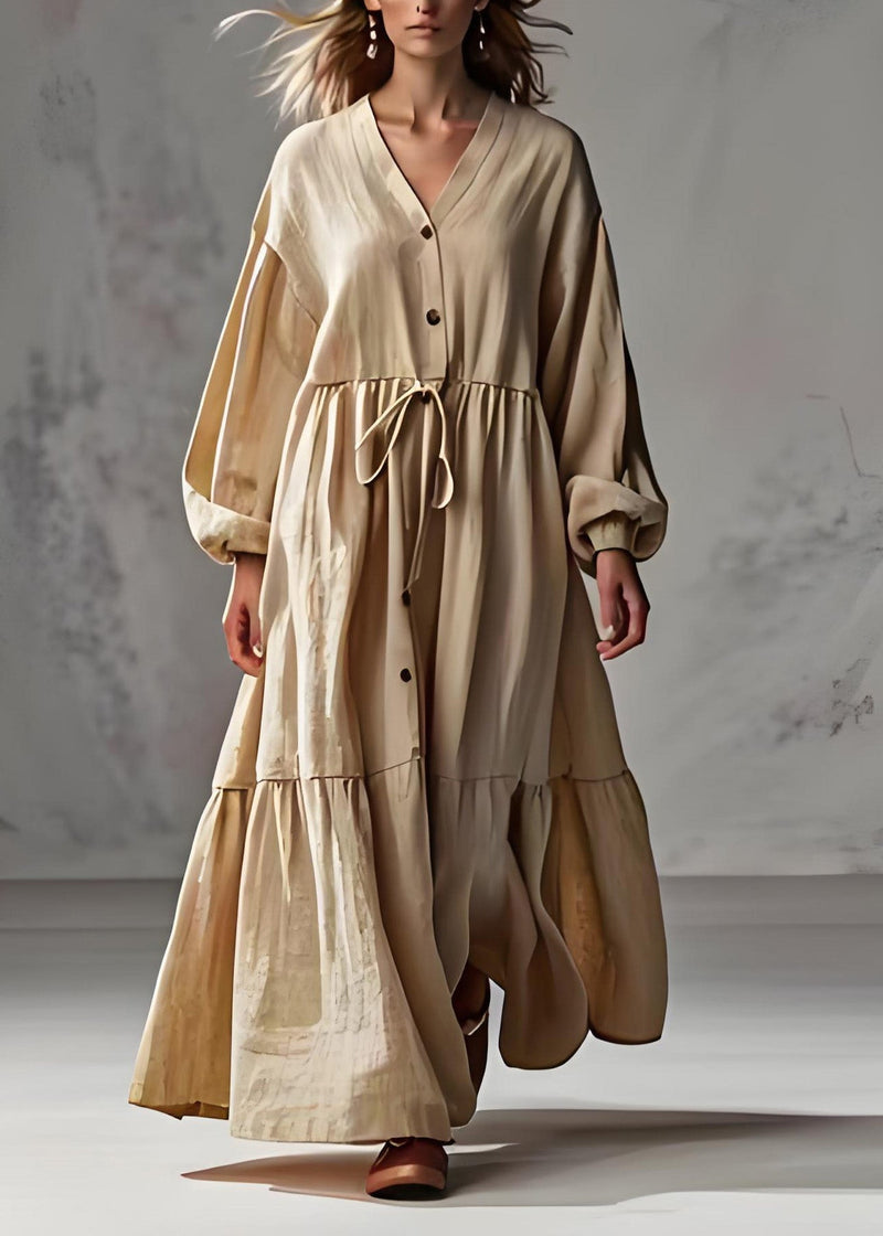 Apricot V Neck Wrinkled Patchwork Cotton Long Dress Lantern Sleeve