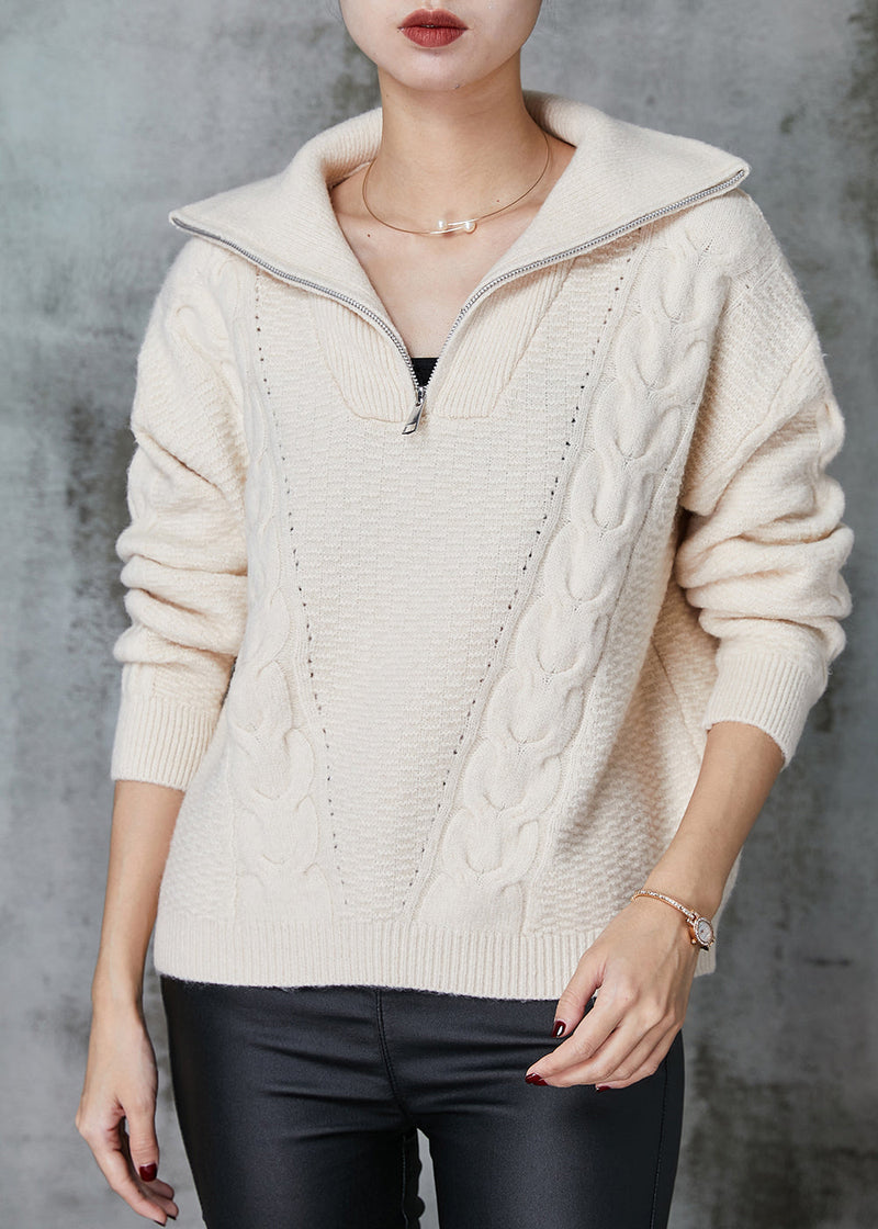 Apricot Zip Up Thick Knit Sweater Tops Spring