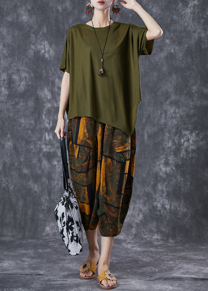 Army Green Asymmetrical Print Cotton Two Pieces Set Summer