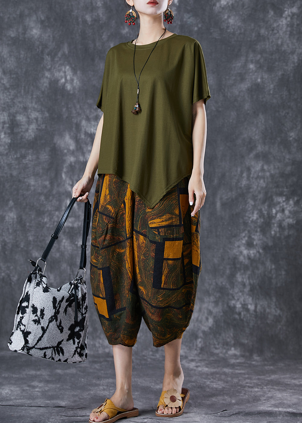 Army Green Asymmetrical Print Cotton Two Pieces Set Summer