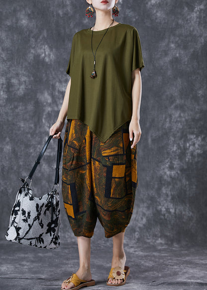 Army Green Asymmetrical Print Cotton Two Pieces Set Summer